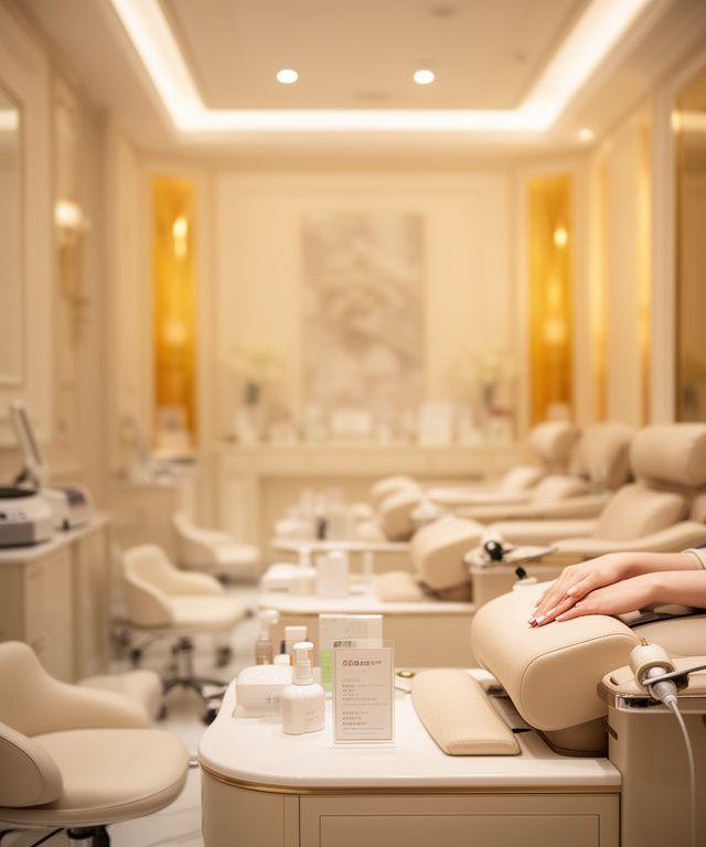 Elegant nail salon interior at Yungui Bridge Haizhu District with manicure stations and warm ambient lighting